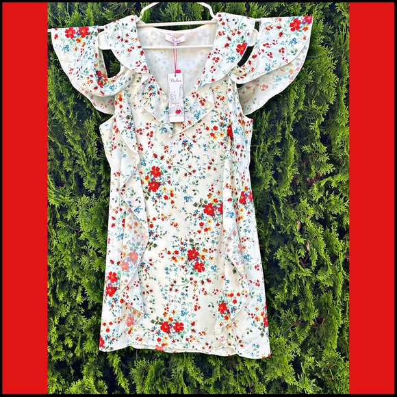 NWT PARKER FLORAL COLD-SHOULDER MINI RUFFLE DRESS - Picture 7 of 13